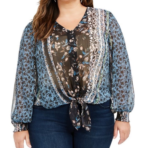 INC International Concepts Tie Front Button Up Metallic Sheen Blouse Plus Sz 1X - Picture 1 of 15